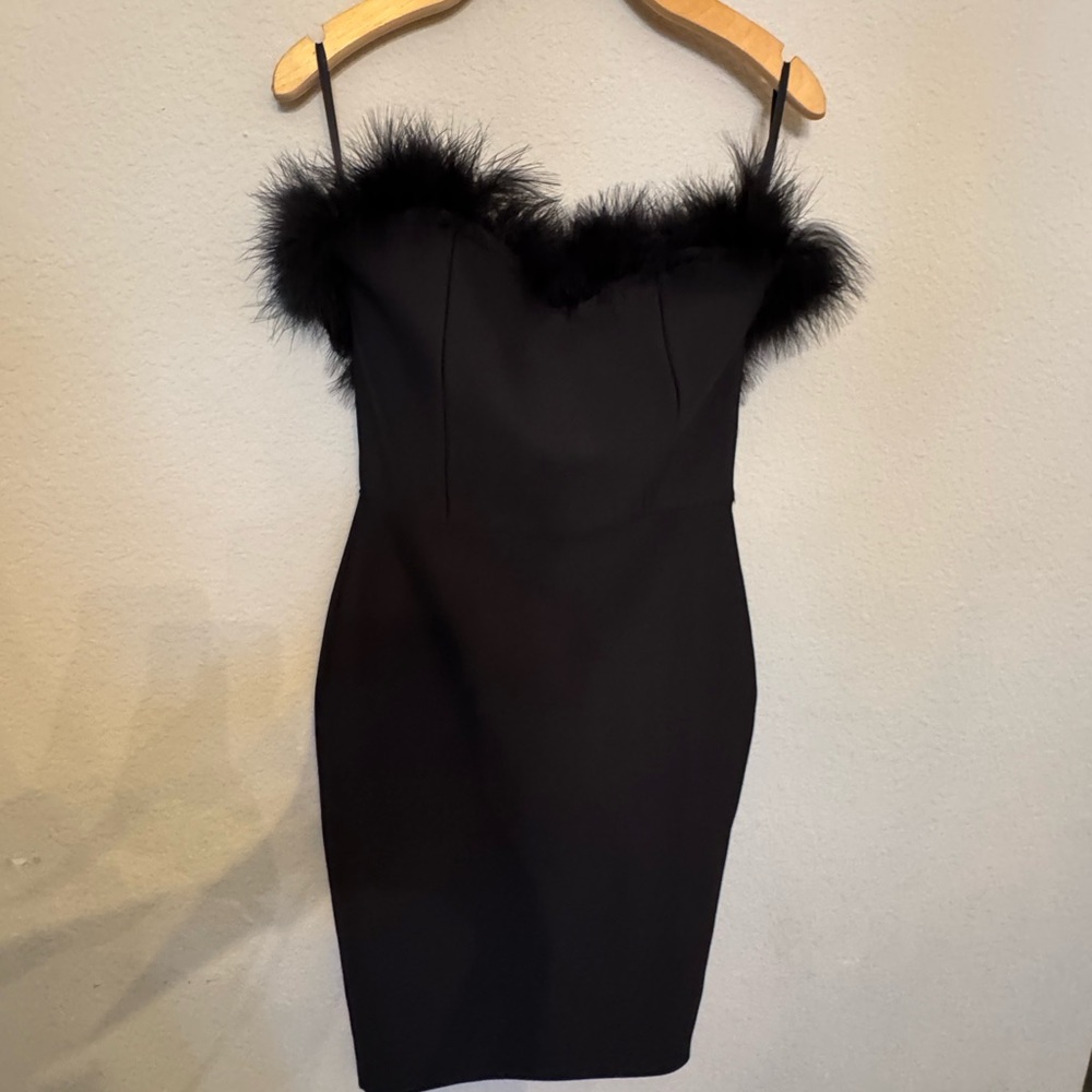 Heiress Beverly Hills Black Strapless Dress with Feather Accents